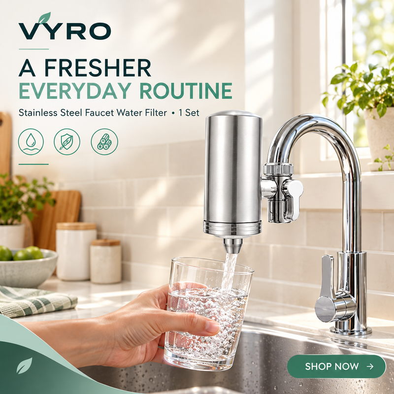 VYRO-7 stainless steel water filter with carbon-based technology, shown as a sleek filter device for fresh, clean drinking water.