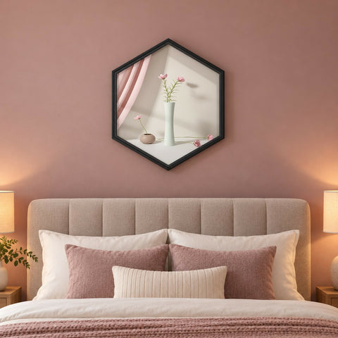 VYRO-7 hexagon wall decor frame with modern printed design, showcasing geometric pattern in varied colors and styles.