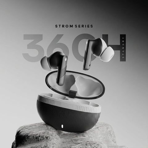 VYRO-7 wireless Bluetooth earbuds with sleek design, charging case, and ear tips for superior stereo bass and 36-hour playtime