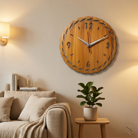 VYRO-7 Modern Orbit wooden wall clock with minimalist design and silent movement, featuring a sleek round shape and natural wood finish.