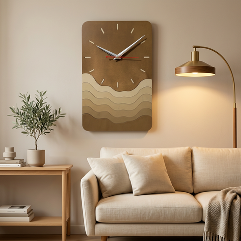 VYRO-7 Modern minimalist wave wall clock with silent quartz movement, sleek design, and abstract wave pattern on white background.