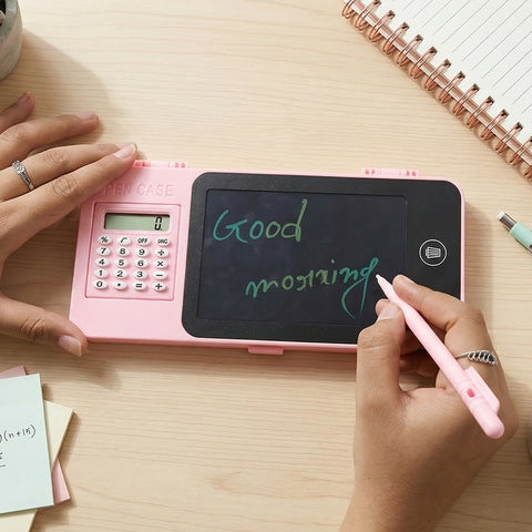 VYRO-7 LCD writing tablet pencil case with built-in compartments and storage for study supplies, all-in-one organizer for students.