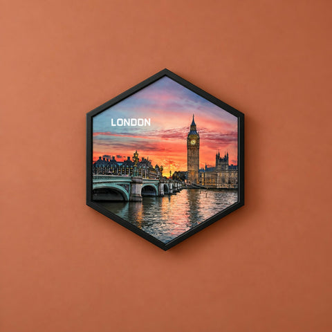 VYRO-7 hexagon wall decor frame with modern printed design, showcasing a geometric pattern in various colors and styles.