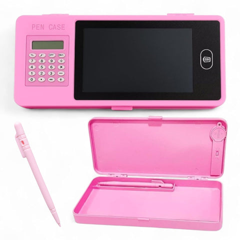 VYRO-7 LCD writing tablet pencil case used as an all-in-one study organizer with compartments and a stylus holder.