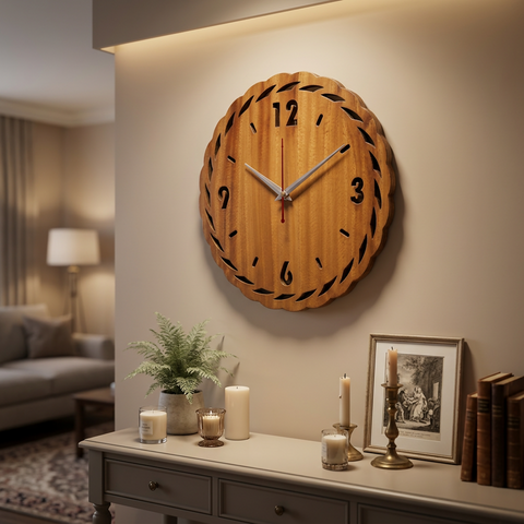 VYRO-7 Modern Orbit Wooden Wall Clock with silent mechanism, minimalist design featuring a round wooden face and sleek clock hands.