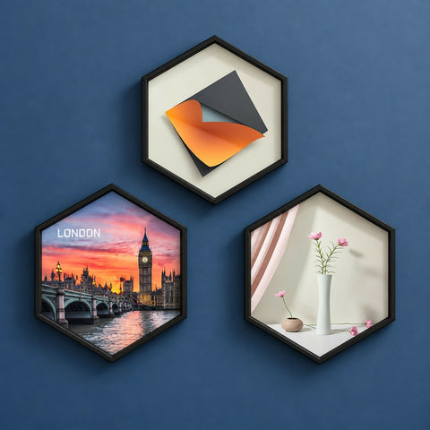 VYRO-7 hexagon wall decor frame with modern printed design, showcasing a stylish geometric wall art piece in natural setting