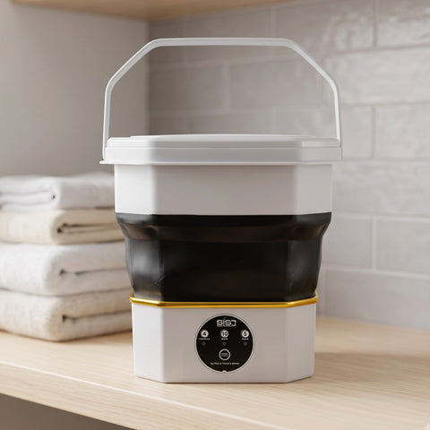 VYRO-7 mini electric folding washing machine for small clothes and travel laundry, compact device with control panel and laundry drum