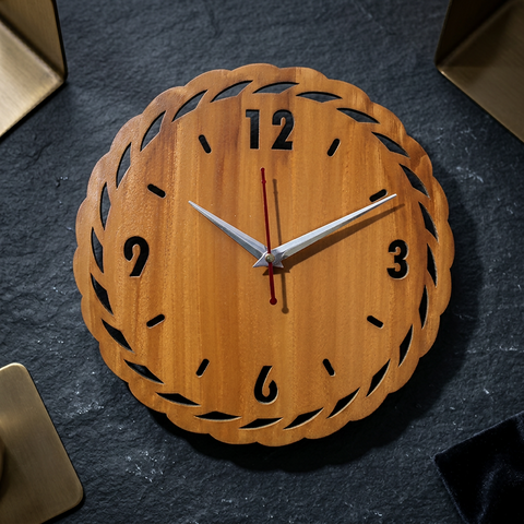 Modern Orbit wooden wall clock by VYRO-7 with a silent, minimalist design, featuring a round wooden face and sleek black hands.