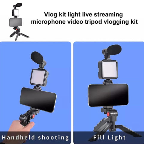 VYRO-7 vlogging kit with mini tripod, microphone, and LED light for video creation, shown with compact accessories and filming setup.