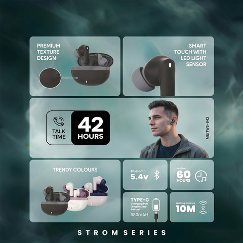 VYRO-7 wireless Bluetooth earbuds with sleek design, showcasing superior stereo bass and compact charging case.