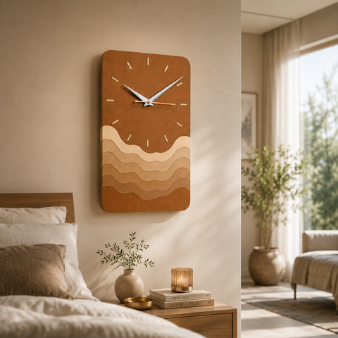 VYRO-7 modern minimalist wave wall clock with silent quartz movement, sleek design, and elegant aesthetic for contemporary decor.