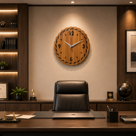 VYRO-7 Modern Orbit wooden wall clock with minimalist design and silent movement, featuring a sleek round wooden face and modern style.