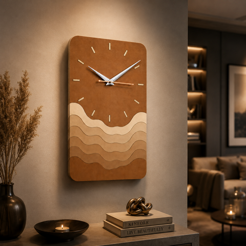 VYRO-7 modern minimalist wave wall clock with silent quartz movement, featuring sleek, elegant design and a contemporary aesthetic.