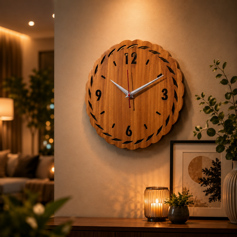 VYRO-7 Modern Orbit wooden wall clock with minimalist design, silent movement, featuring a sleek circular shape and natural wood finish.