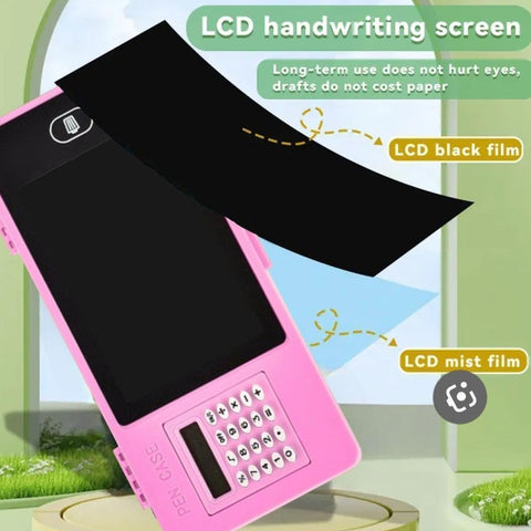 VYRO-7 LCD Writing Tablet Pencil Case with all-in-one study organizer, showing a sleek black case with compartments and a stylus.