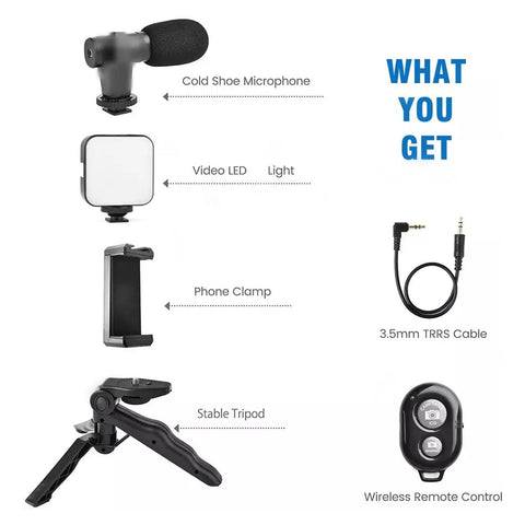 VYRO-7 vlogging kit featuring mini tripod, microphone, and LED light for video recording and content creation.