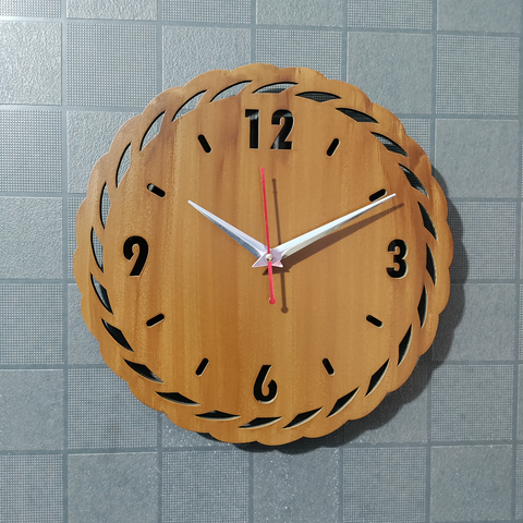VYRO-7 Modern Orbit wooden wall clock with silent movement, minimalist design, featuring a circular wooden face and sleek black hands.