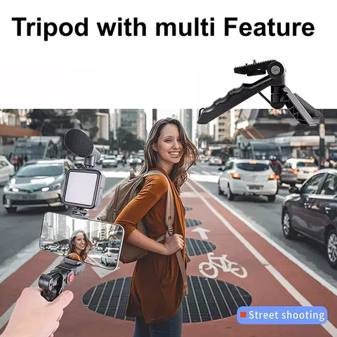 VYRO-7 vlogging kit with mini tripod, microphone, and LED light for video recording and content creation.