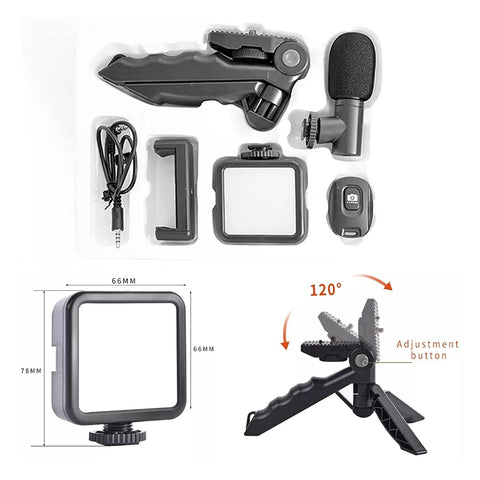 VYRO-7 vlogging kit with mini tripod, microphone, and LED light for video creation, shown with accessories on a white background.